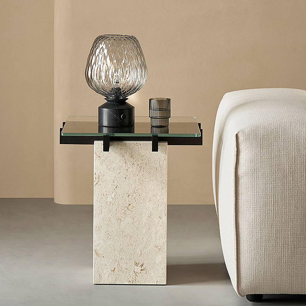 FOREST HILL Mid-century modern glass and travertine side tables