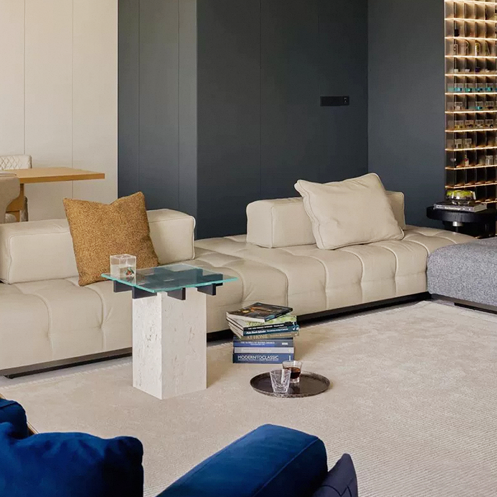 FOREST HILL Mid-century modern glass and travertine side tables