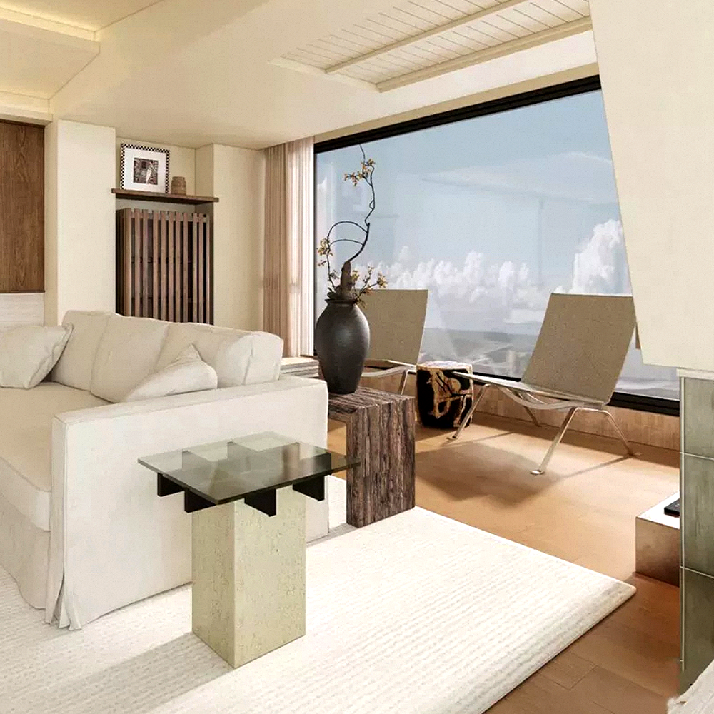 FOREST HILL Mid-century modern glass and travertine side tables