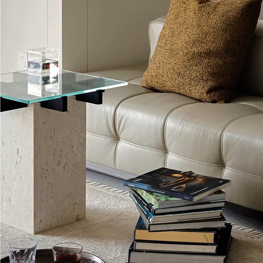FOREST HILL Mid-century modern glass and travertine side tables