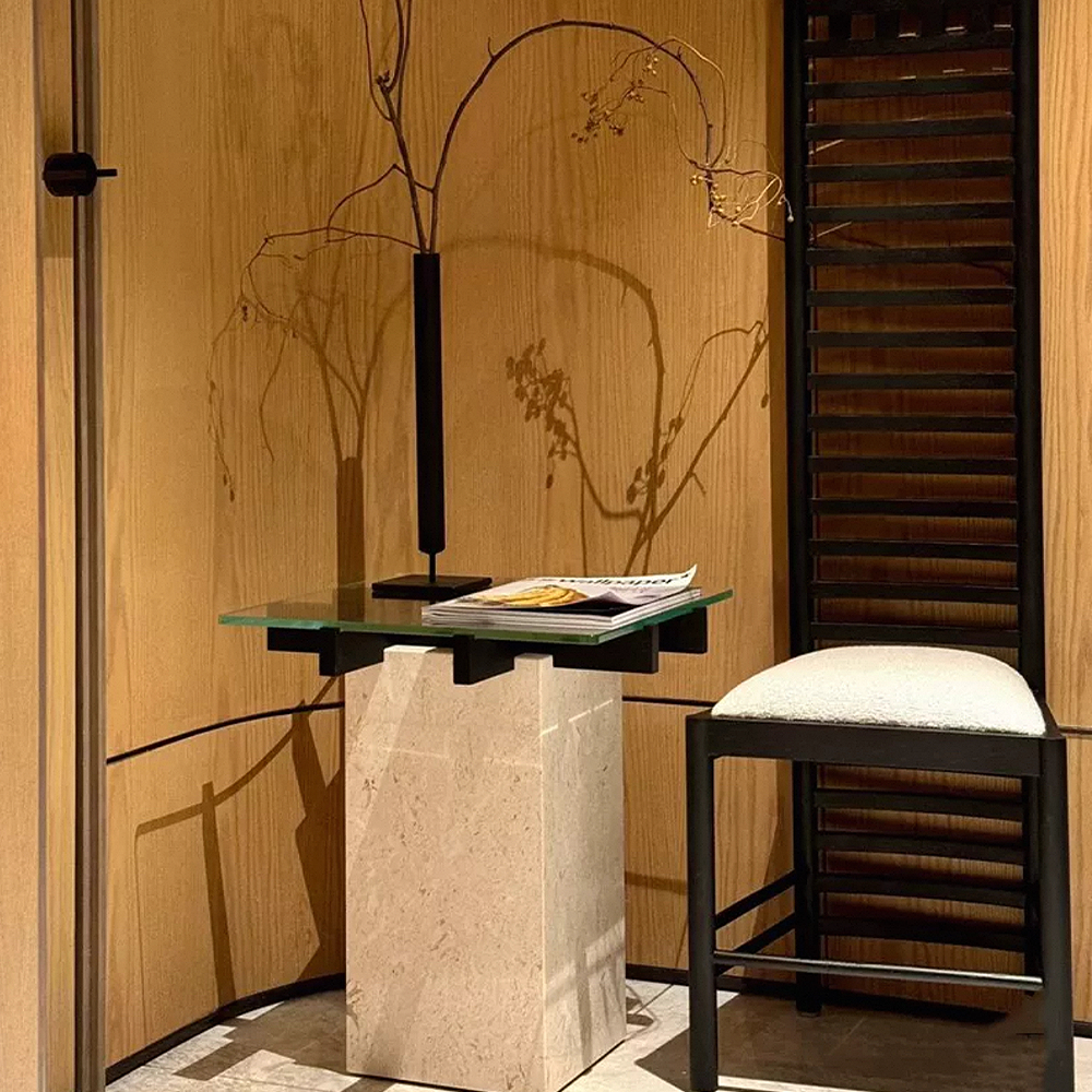 FOREST HILL Mid-century modern glass and travertine side tables