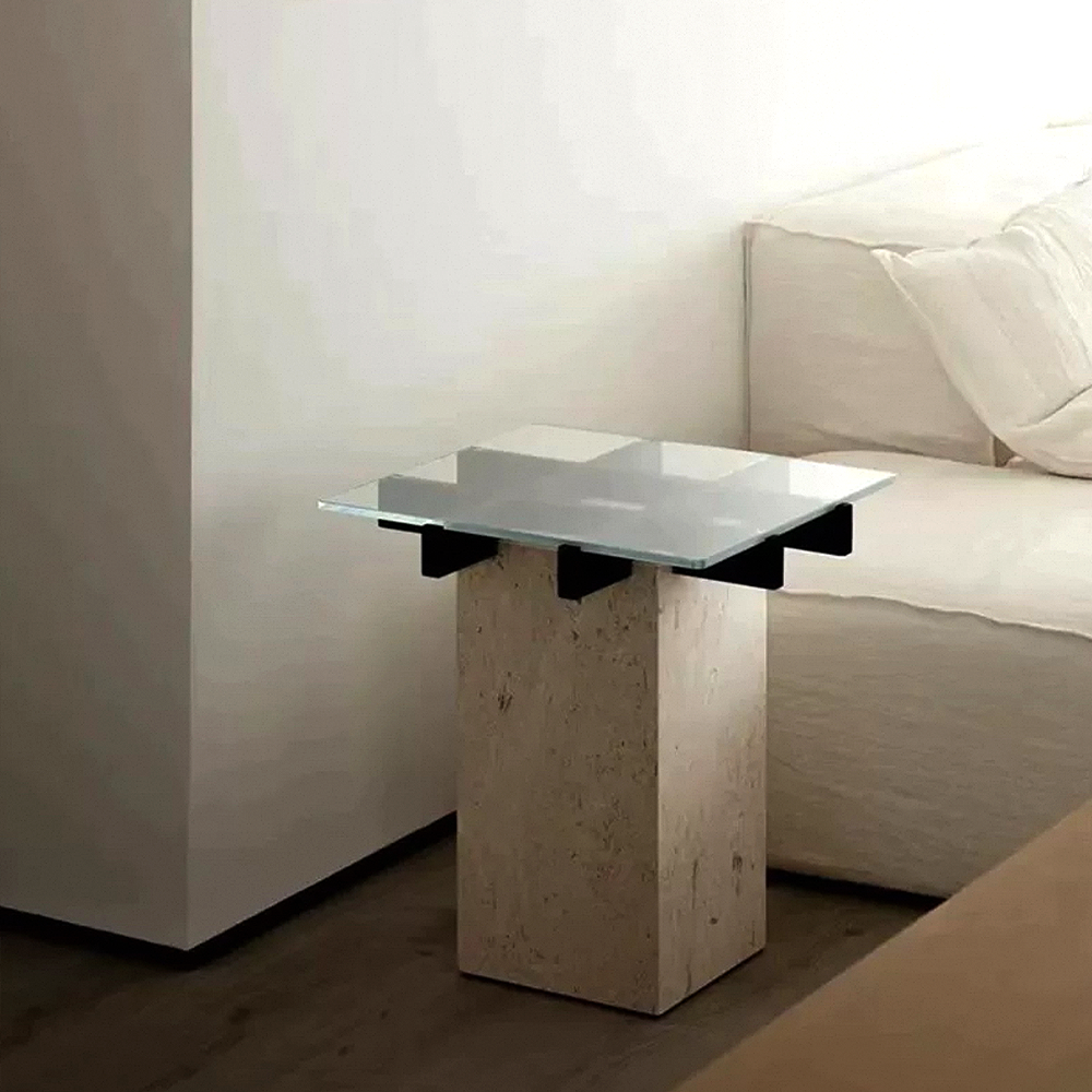 FOREST HILL Mid-century modern glass and travertine side tables