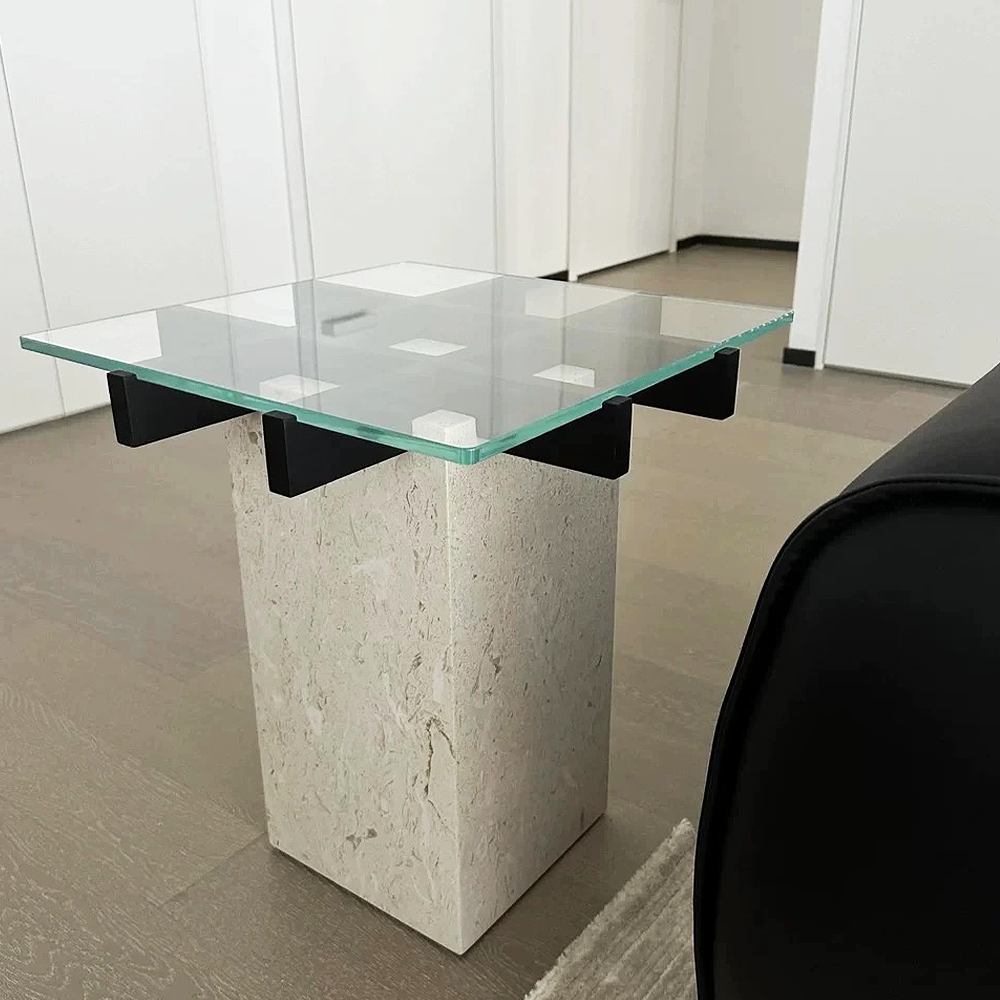 FOREST HILL Mid-century modern glass and travertine side tables
