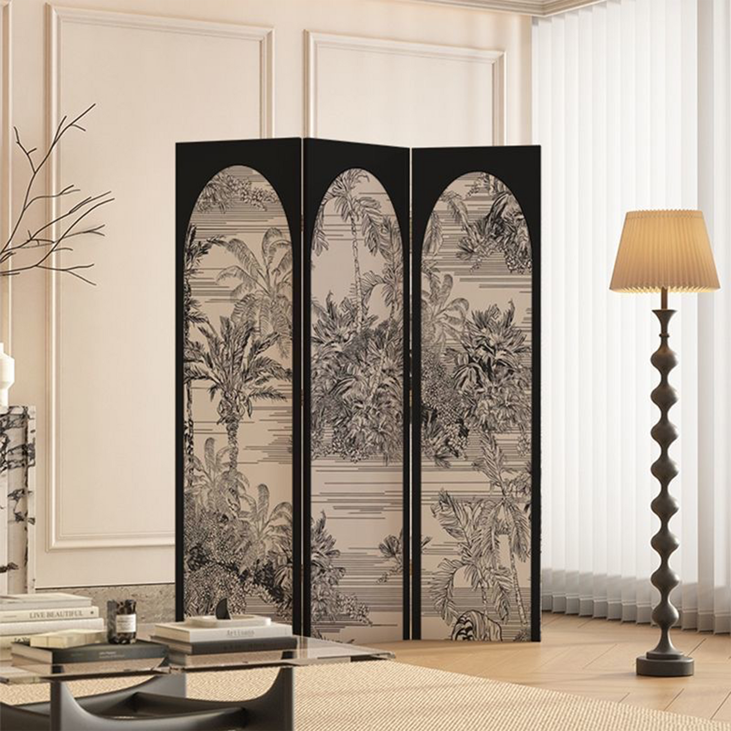 FOREST HILL 3 Panels Modern Portable Black Double Sided Print Opaque Canvas Screen Divider